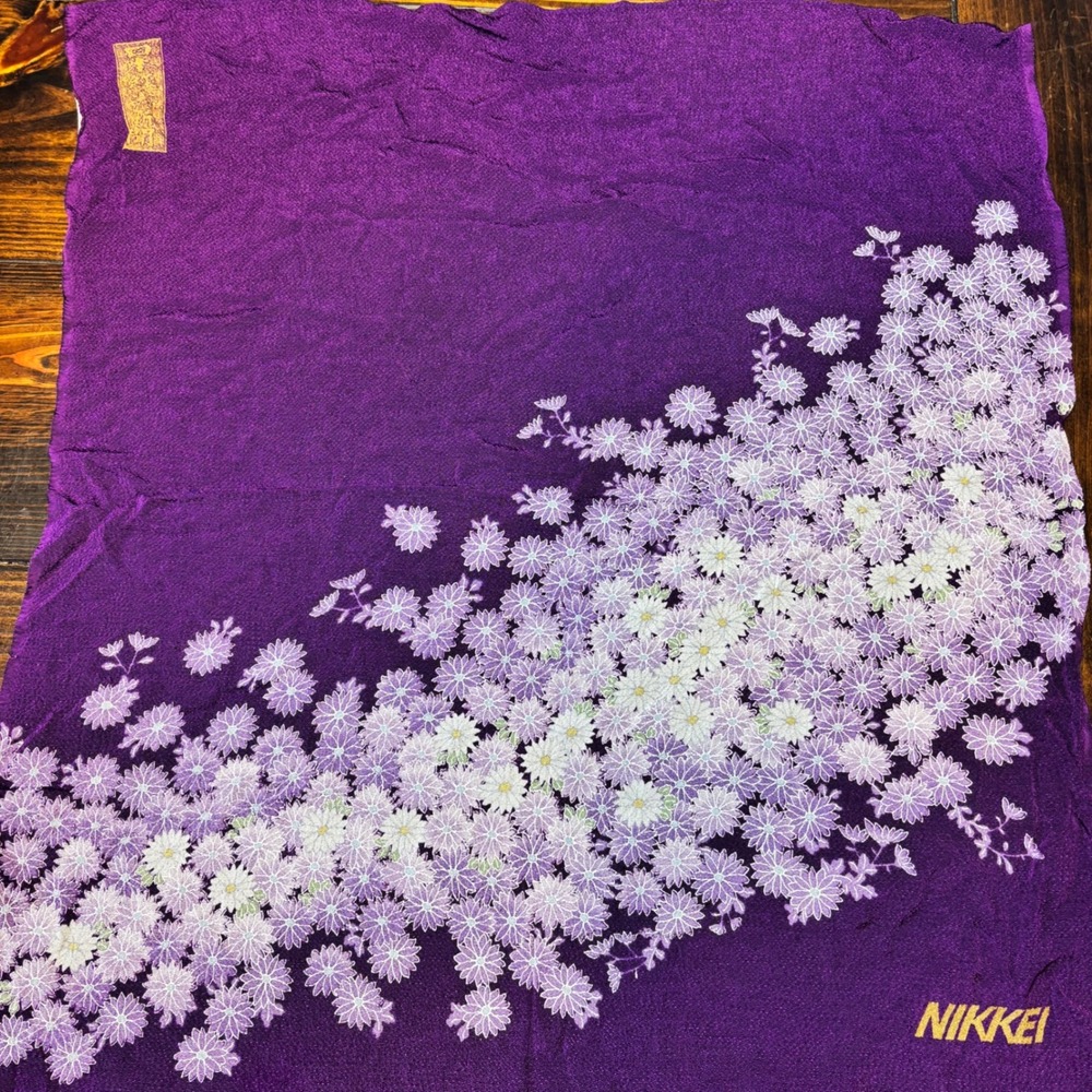 Vintage Nikkei Purple Silk Scarf Chrysanthemum Floral Print Japan 100%‎ Silk